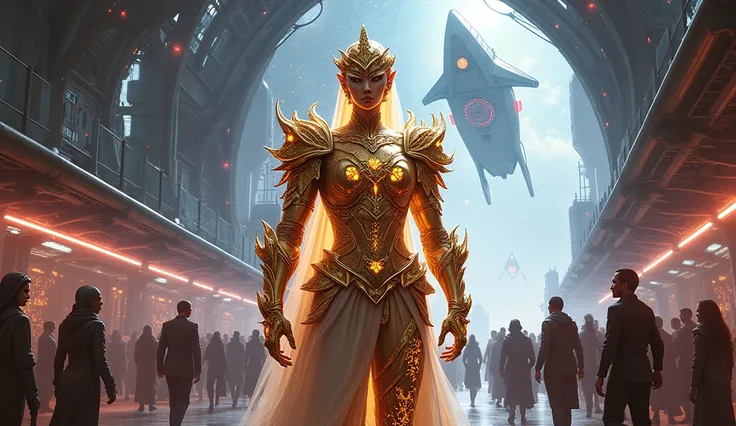 A majestic, intricately designed suit of marriage armour stands proudly at the centre of a bustling Helios Station, a futuristic spaceport filled with eclectic aliens and humans from all corners of the galaxy, with neon lights reflecting off polished metal...