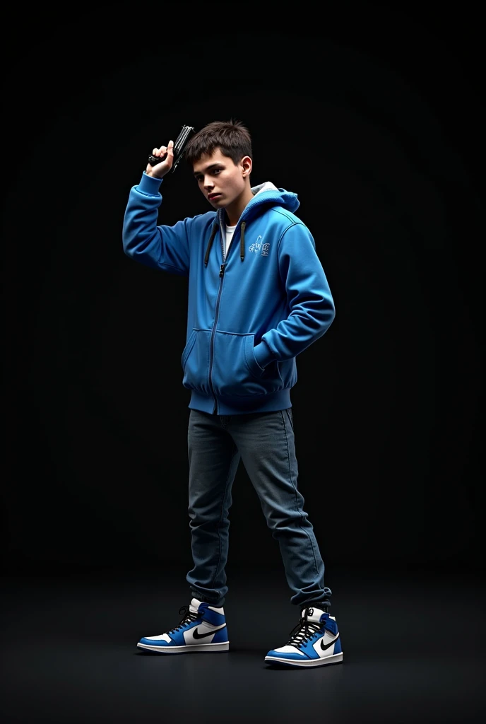 Hand Gun on head boy with hip hop blue jacket   blue & white jordan shoes in hand black background  gangster name