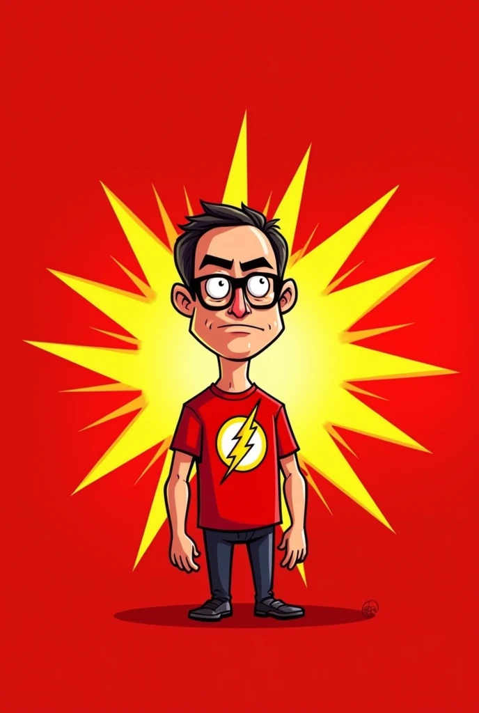 Sheldon cooper, wearing the flash t-shirt, cartoon , 2D, red background with yellow rays 