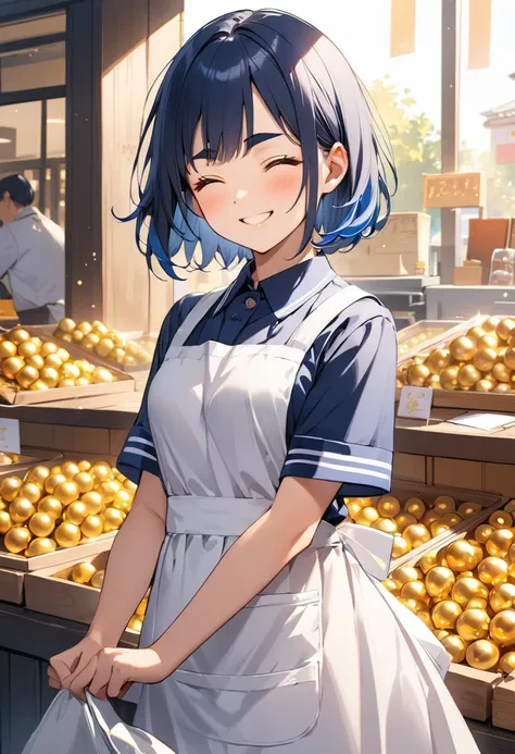 (masterpiece, best quality),school festival. A girl sells shiny golden balls at a handmade stall. lots of golden balls,A lively shop, BREAK (girl,16yo,detailed face,(darkblue hair, wavy-short hair),middle thick eyebrows,middle small breasts),wearing school...