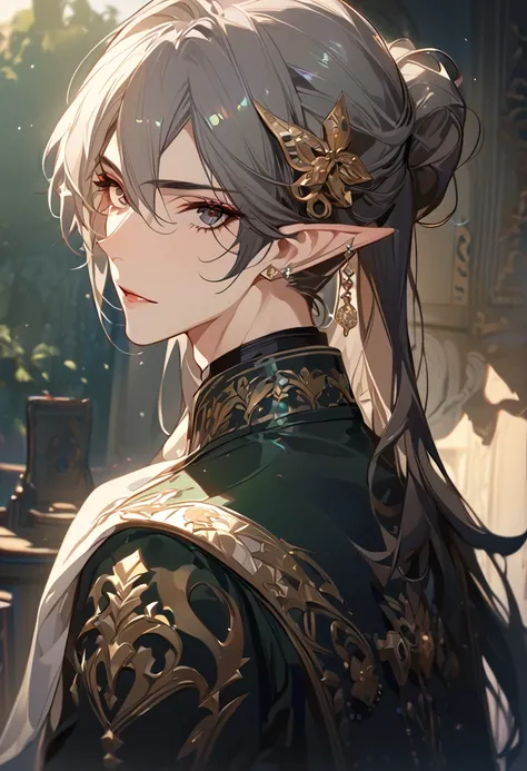 masterpiece, best quality, 8k ,4k , 1 male, elf, long ears elf, dark grayish hair, dark greenish eyes, hair ornament, finely detailed eyes and detailed face, looking at viewer, from side, meticulous clothes, formal clothes, combination of white and black c...