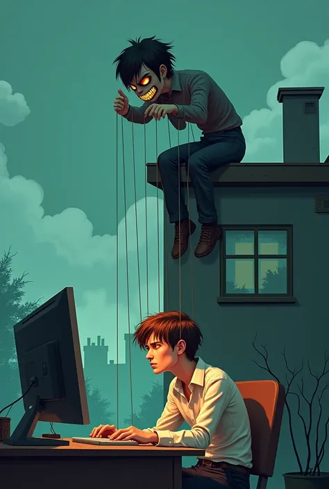 Add two person 1st person sitting on chair infront of computer and operating computer using two hands  on keyboard face expression very sad and tired 😩 and add 2nd person who sitting on the roof and look down the 1st person and controling 1st person using ...