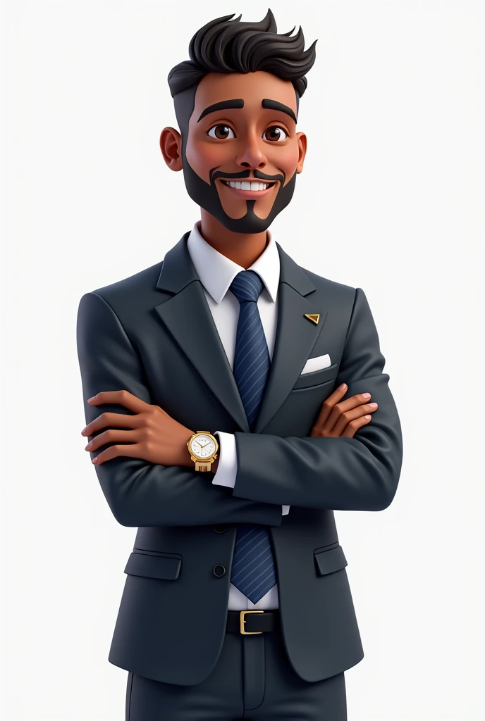 /imagine prompt: A realistic cartoon character of a man wearing a business suit, brown skin, smiling confidently, with a watch on his wrist. The suit is modern, well-tailored, and he has a professional yet friendly expression. 4K resolution, realistic cart...