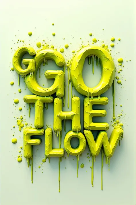 A captivating 3D render showcases a dynamic and striking arrangement of words. The phrase GO WITH THE FLOW Savitri  is prominently featured in vibrant, metallic yellow-green paint, with each letter dripped and splashed artfully to emphasize movement and fl...