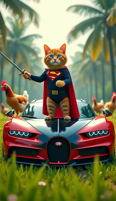 (photorealism:9.16) Make a picture facing the camera of a cat with an orange nose and blue eyes, standing on the hood of a red and black Bugatti Veyron car, wearing a superman suit, bright green rice field and coconut tree background, both hands of the cat...