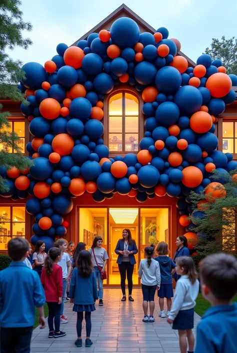 Make me the inauguration of the school called Albert Einstein, a preschool and primary school with striking decoration, very exclusive in creativity, made of balloons where the predominant colors are dark blue and dark orange., that it is very beautiful in...