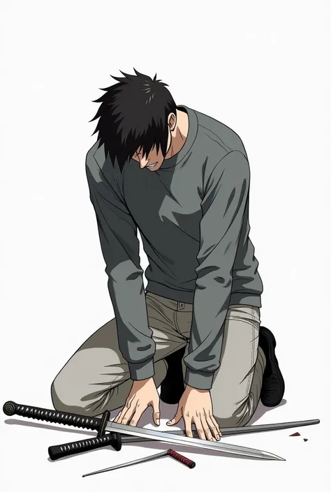 Man in pants and sweatshirt , with a broken katana 
, on his knees with a defeated look, manga style.
