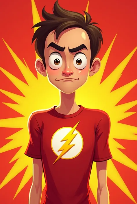 Sheldon cooper, wearing the t-shirt with the flash symbol, 2d cartoon, red background with yellow rays 