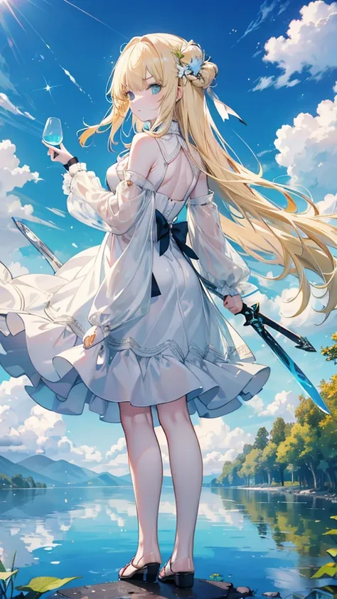 Girl, blonde, shiny long hair, white skin, dark green eyes, light dress, strong wind, standing on a mirror-like lake, blue sky, white clouds, sunlight, sparkling, holding a glass long sword