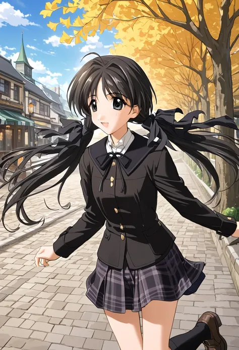 shirakawa hotaru,ginkgo tree line,cobblestones,wind, autumn uniform, black hair ribbon, long sleeves,plaid skirt,