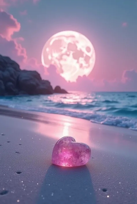 4K.8k. はっきりdistinctな月、Pale pink and silver color、Sparkling Sea、Small heart-shaped rose quartz、Sparkling sandy beach、distinct