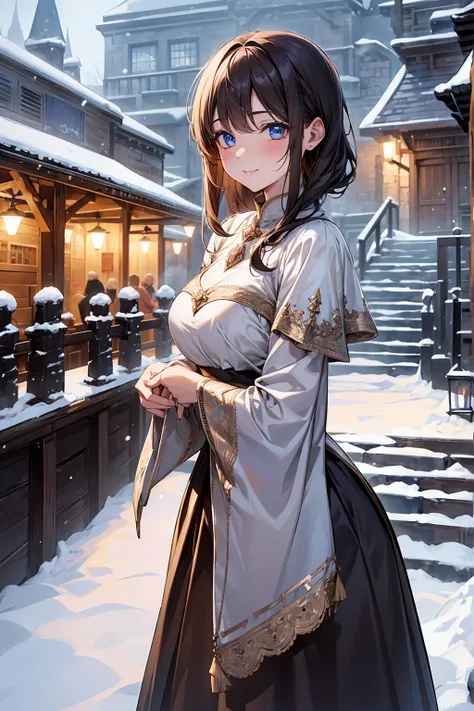 ((Very detailed)), 4K, ((Cinema Lighting)), close, Fantasy World, Medieval, Cobblestone Town, Wooden stone house, snow, market, marketの屋台, Adult female, dress、Marquis&#39; Daughter, Long light brown hair Blue eyes, ((Beautiful Eyes)), Happy expression, 、Ve...