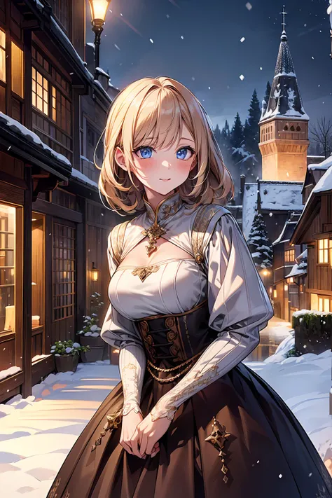 ((Very detailed)), 4K, ((Cinema Lighting)), close, Fantasy World, Medieval, Cobblestone Town, Wooden stone house, snow, market, marketの屋台, Adult female, dress、Marquis&#39; Daughter, Long light brown hair Blue eyes, ((Beautiful Eyes)), Happy expression, 、Ve...