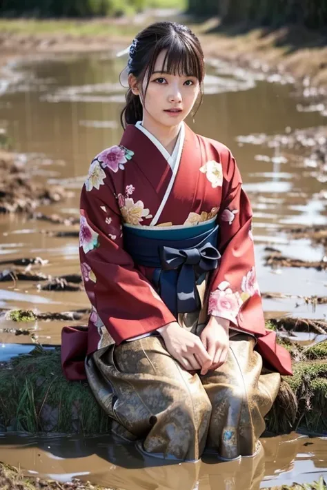 Realistic, hakama, kimono, woman, furisode, clothes that stick to the skin, muddy clothes, clothes stained with mud, immersed in muddy water, buried in mud, clothes covered in mud, woman immersed in mud, woman bathed in muddy water, woman covered in mud, c...