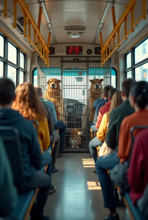 4 iron cages for pets in the back of inside public bus with code system 