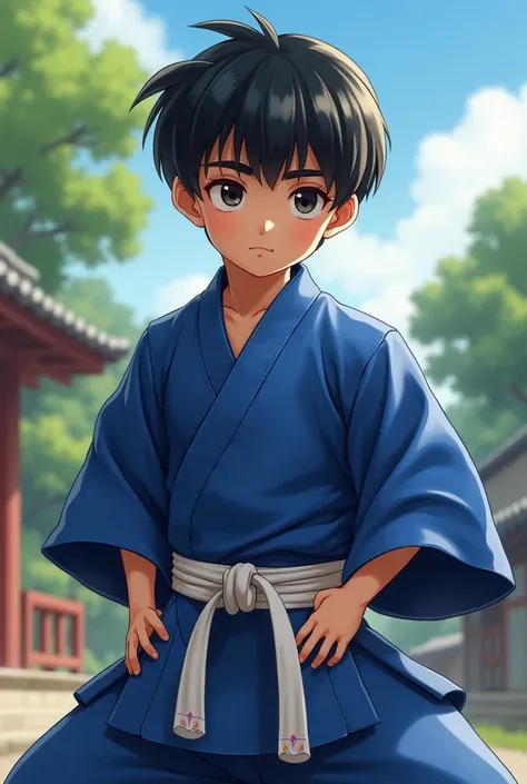 boy: Imagine a  boy, with fair skin and straight black hair. He may have a focused and determined look.

Kimono: The kimono is blue, with a soft fabric flowing around it. The white belt at the waist must be well adjusted, giving a traditional and elegant t...