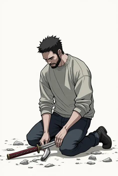 Man in pants and sweatshirt , with a broken katana 
, on his knees with a defeated look, manga style.
