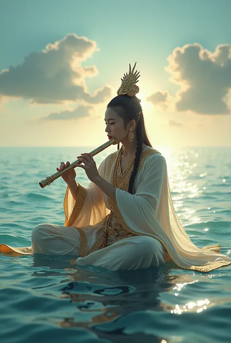 Phra Aphai Mani is sitting playing a flute in the middle of the sea.