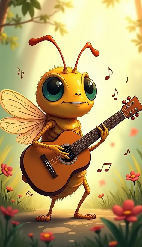 Draw a cicada playing the guitar. 2d cartoon style.