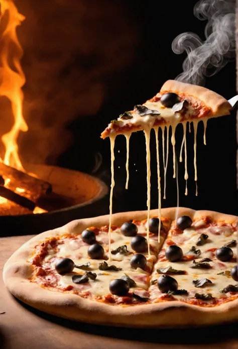 images of extremely delicious pizza with warm colors and smoke coming out