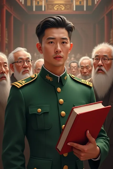 Draw a picture of a young man named Xing Qinian at the Cultural University，Holding the Red Book，Wearing a green military uniform，Criticizing a few frightened old people。