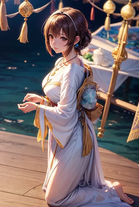 Final fantasy (Yuna) Anime girl with brown hair and a white kimono dress holding her necklace, beautiful character painting, soft anime CG art, realistic anime art style, beautiful anime portrait, beautiful anime woman, photorealistic anime girl rendering,...