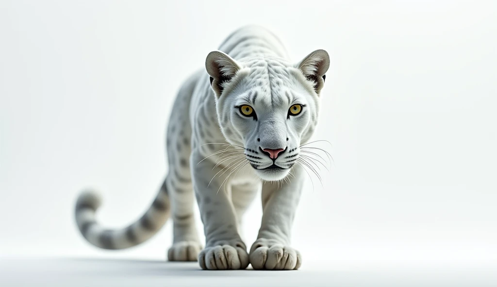 A white leopard facing forward as if it were almost touching the camera 