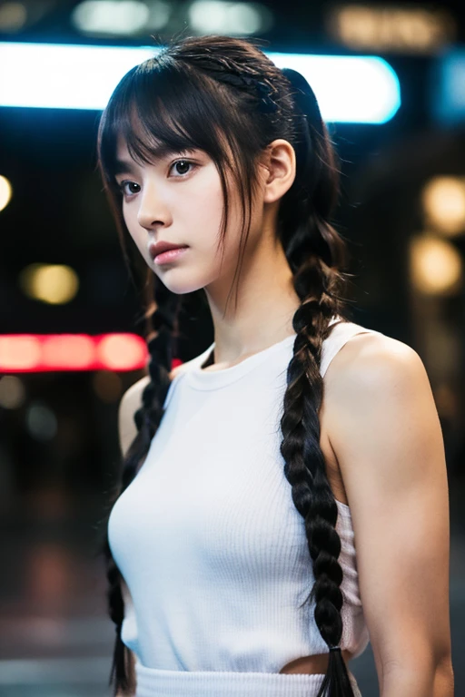 A young woman with long, braided pigtails, wearing a tactical black vest in a high-quality, urban setting. She has straight, black hair with bangs that frame her face, and her expression is serious, with sharp, intense eyes that convey a sense of determina...