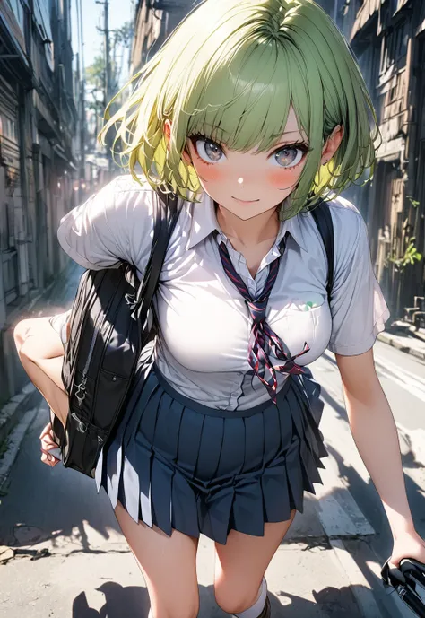  1 girl, short hair, green hair, school uniform,