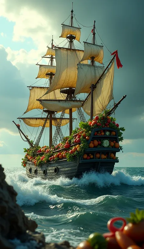 a highly detailed and realistic pirate ship made entirely of various vegetables, sailing on a rough, stormy sea, (best quality,4k,8k,highres,masterpiece:1.2),ultra-detailed,(realistic,photorealistic,photo-realistic:1.37),vegetables pirate ship, vegetable h...