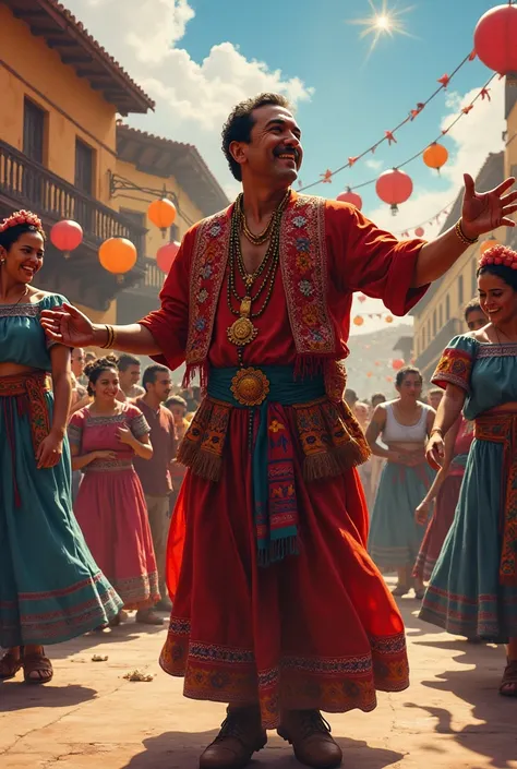 Writer Cesar Vallejo dancing the Huamachuco contradanza (dance of Peru) with their respective clothing