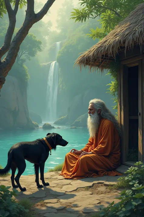 A tired, black dog with visible signs of hunger and exhaustion approaches a simple hut near a riverbank. The Mahatma, a wise-looking man with long hair and a beard, sits cross-legged in meditation. The dog looks up at him pleadingly.