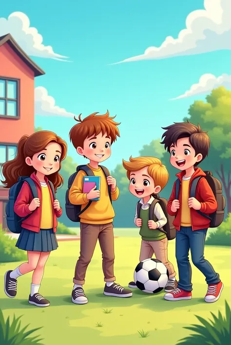 Cartoon of 5 students aged 6 to 7 with their backpacks and holding notebooks and a soccer ball
