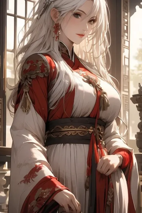 ((best quality)), ((masterpiece)), (detailed), Photorealistic, high resolution, mature woman, Hips up, Beautiful eyes, , Red eyes, jewelry, Hanfu, Chinese fairy, Taoist uniform, เสื้อผ้าขนาดใหญ่, Curtain Bangs, white hair, หน้าอกใหญ่, HDR (high dynamic ran...