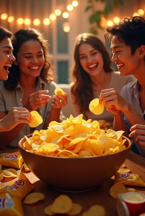 An engaging, casual party scene with a large bowl of Lays chips, surrounded by friends enjoying themselves, showcasing the fun and addictive nature of the snack , generate image for this