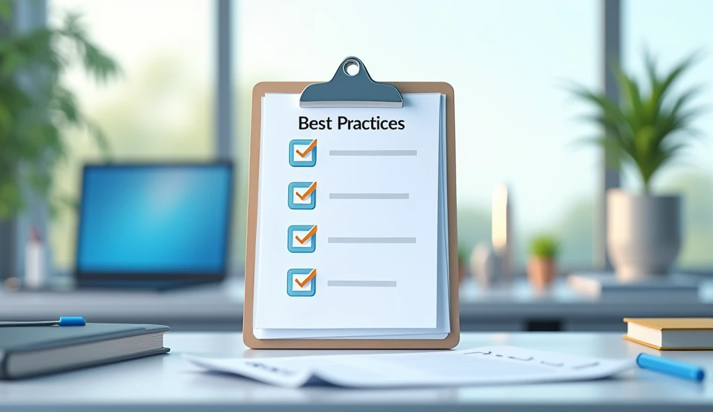 "Create a professional, modern image that visually represents the concept of best practices. The image should feature a workspace setting with a desk, laptop, and a checklist on a clipboard, highlighting the importance of organization and efficiency. Add s...