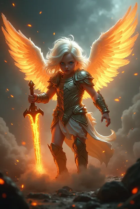 Male Cherub Angel, albino hair, Long hair, Armor, clear and bright blue eyes, flaming sword. angry look, bravo. standing. Smoky and dark background, stormy night 