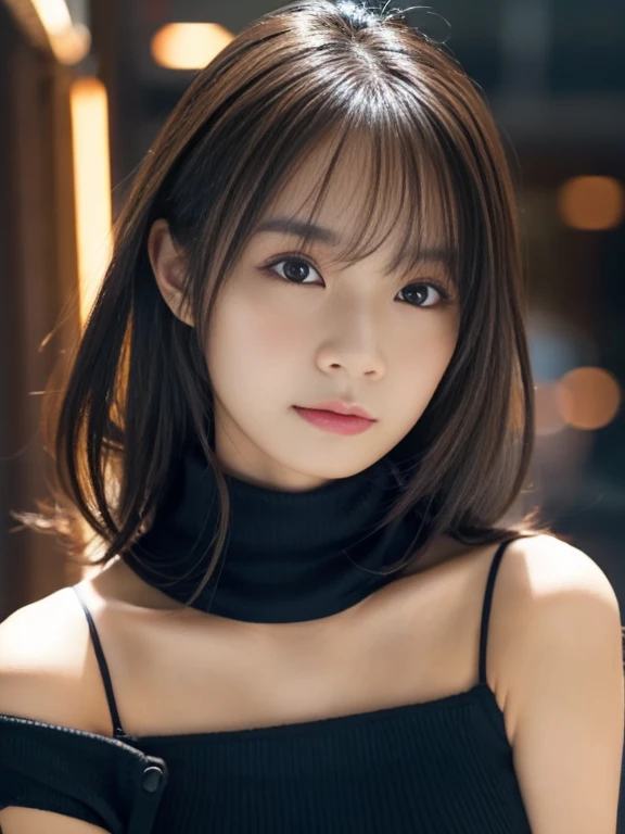 product quality, 1 girl, cowboy shot, front view, a Japanese young pretty girl, at night, wearing a black knitted turtleneck sweater, wearing mini skert, hyper cute face, glossy lips, double eyelids for both eyes, (natural makeup), shiny smooth light brown...