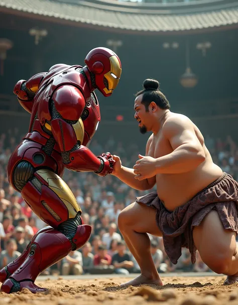 a realistic iron man fighting a sumo wrestler, dohyo sumo wrestling ring full of excited spectators, cinematic lighting, dramatic action pose, highly detailed mechanical ironman suit, extremely detailed sumo wrestler, photorealistic, 8k, best quality, mast...