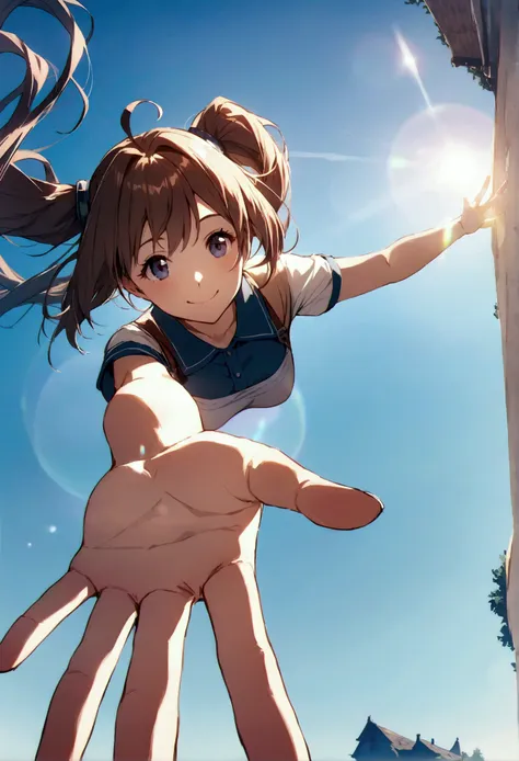 hairstyle: long twin tails、background is sky、high image quality、reaching out、atmospheric perspective、lens flare、blue sky、smile