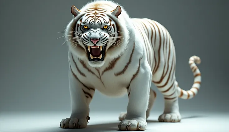 A giant angry white tiger facing forward as if it were almost touching the camera 