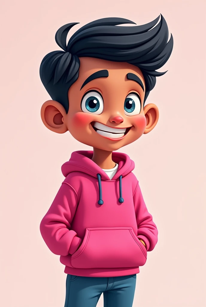 A Indian cartoon boy with pink stylish hoodie black hair and bright eyes full body