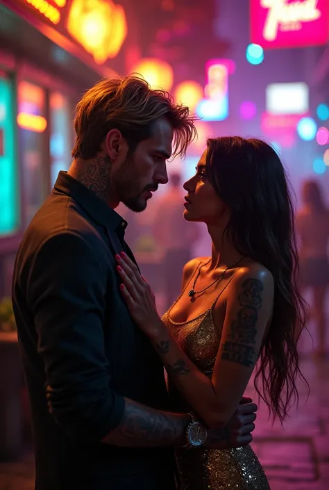 A realistic image of a couple arguing in front of a nightclub. The environment is nocturnal and illuminated by colored lights.. The handsome mature man is visibly angry with the woman. He has messy dark blonde hair.. Wear formal clothing with long sleeves....