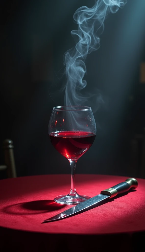 An atmospheric scene of luxury and mystery, featuring an elegantly set table adorned with a rich, deep red tablecloth. At the center, a crystal glass of red wine glistens under soft, ambient lighting, casting delicate reflections. Wisps of ethereal fumes r...