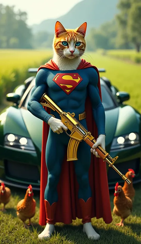 (photorealism:9.16) Make a picture facing the camera of a cat with an orange nose and blue eyes, muscular body, standing in front of a green and black combination bugatti veyron car, wearing a superman suit, beautiful rice field background, cat hand carryi...