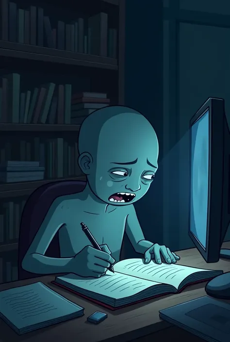 Wojak meme cartoon  being in a dark room with books lying around and he trying to write something with a pen in a book which is illuminated by a computer screen 
