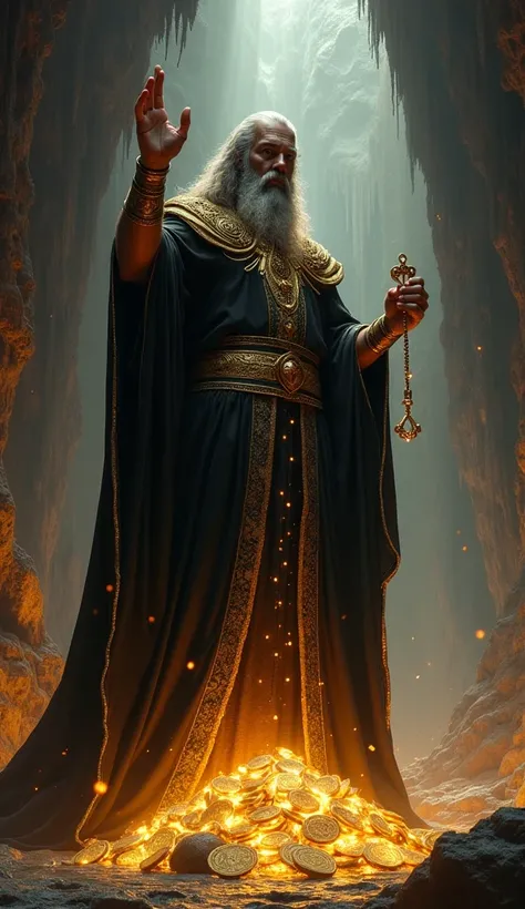 "Hades, the Greek god of the underworld, standing in a dark, cavernous realm, wearing a flowing black and gold robe, symbolizing both death and wealth. In one hand, he holds a bident, while the other gently raises a pile of glowing gems and gold coins that...