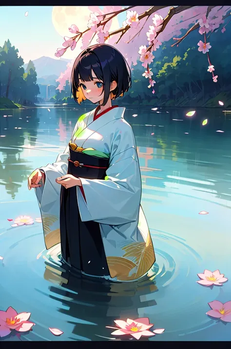 ((masterpiece, best quality, detailed)) 1girl, highres, japanese clothes, kimono, moon, original, partially submerged, petals, short hair, sion 0d1m, solo, wading, water