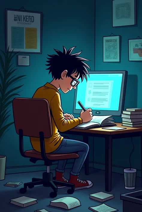 Cartoon nerd sitting in a chair showing his back  being in a dark room with books lying around and he trying to write something with a pen in a book which is illuminated by a computer screen 
