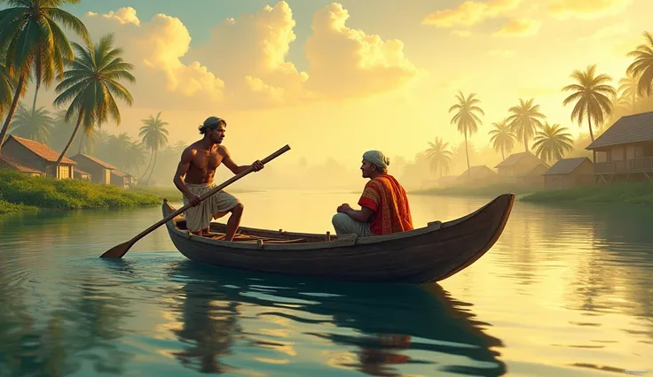 Request an image featuring An Indian A fisherman carrying a village merchant to the middle of the river by boat
